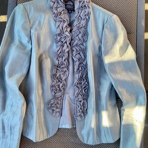 Adrianna Papell Light Gray/Silver Ruffled Blazer Jacket. Solid color shiny gray.